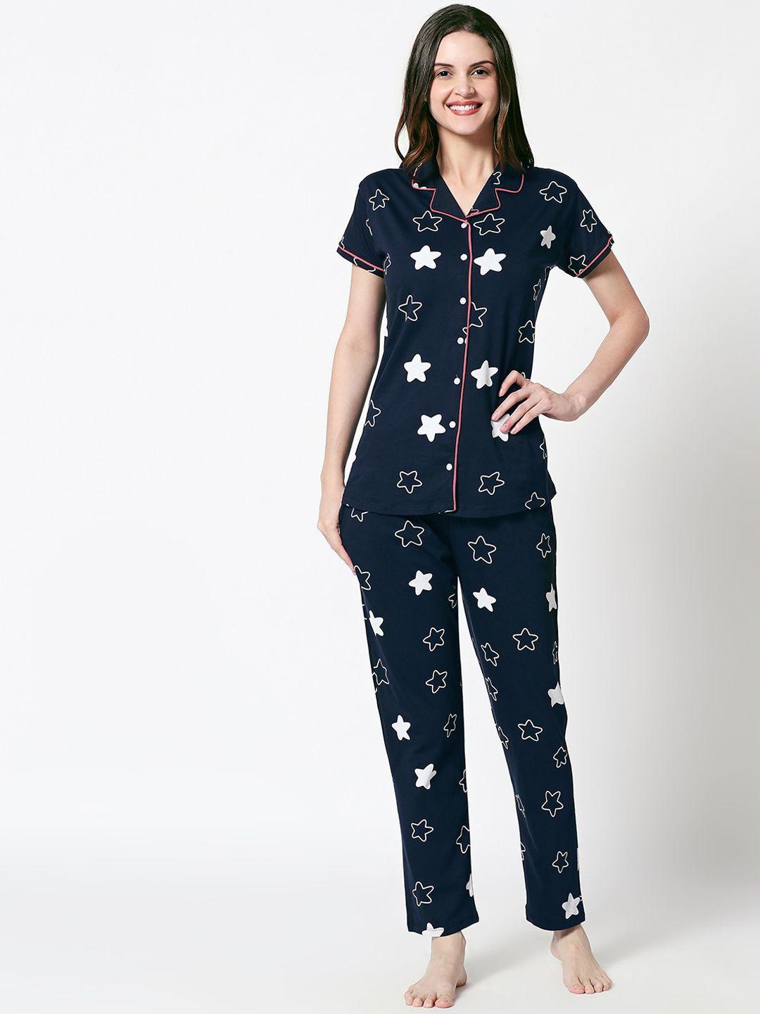 zeyo women navy blue & white printed pure cotton night suit