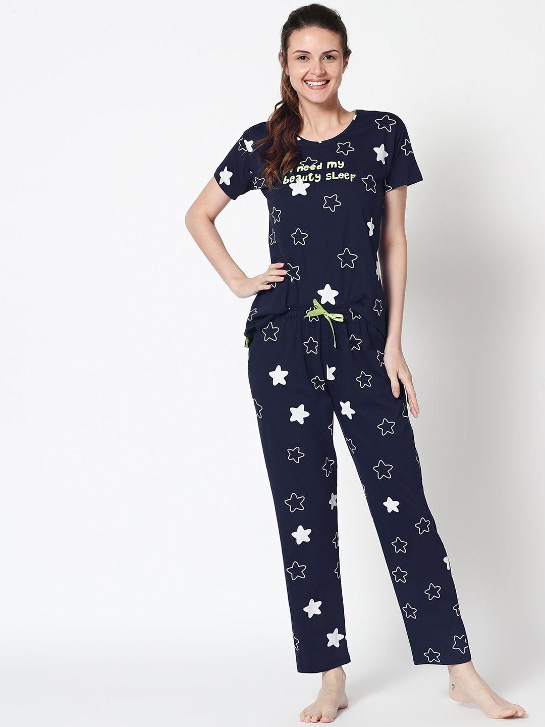 zeyo women navy blue & white printed pure cotton night suit