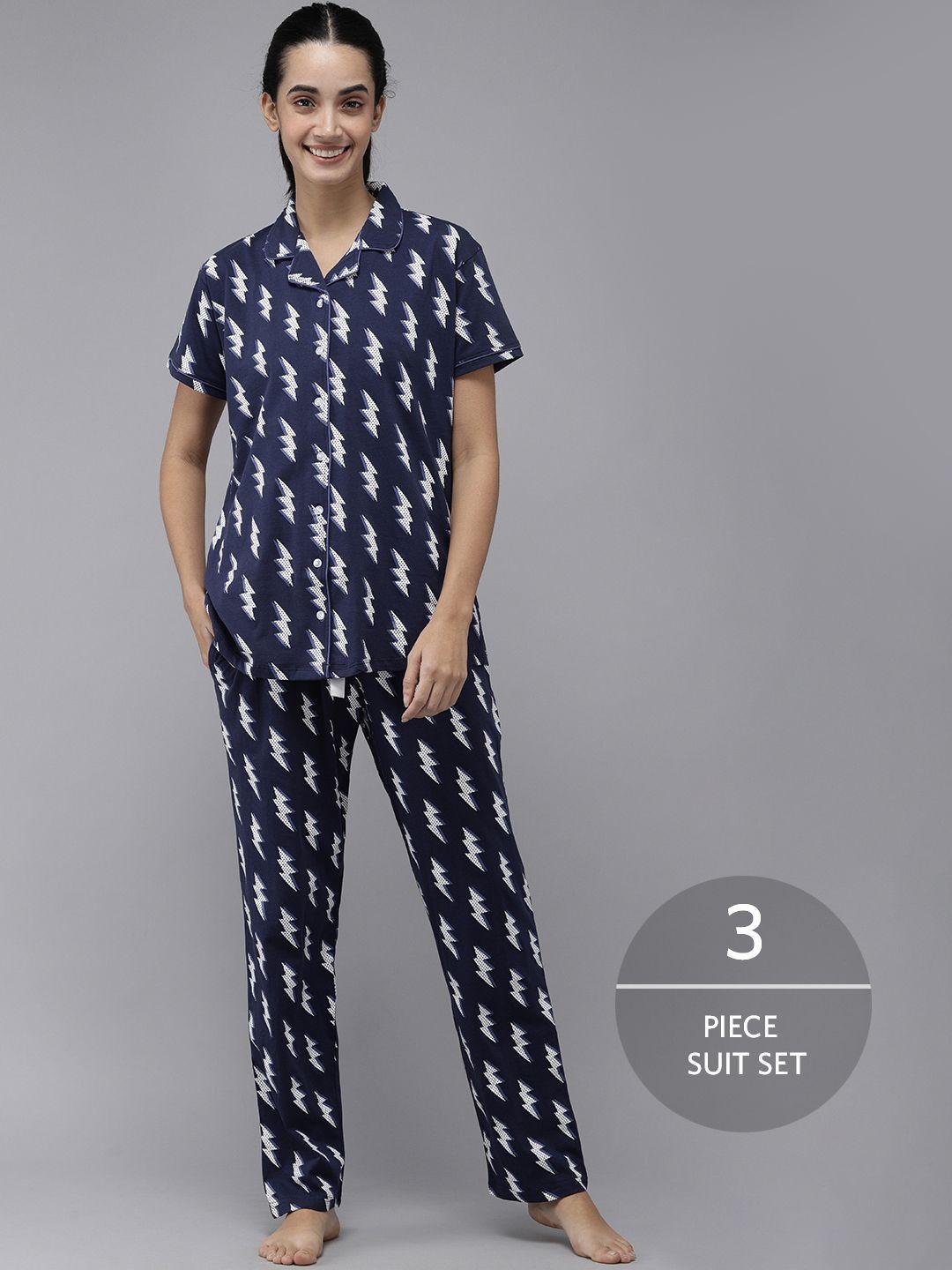 zeyo women navy blue & white pure cotton printed pyjama set