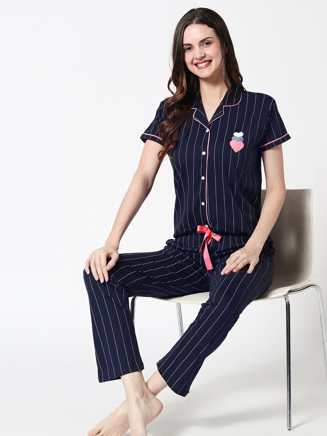 zeyo women navy blue & white striped night suit