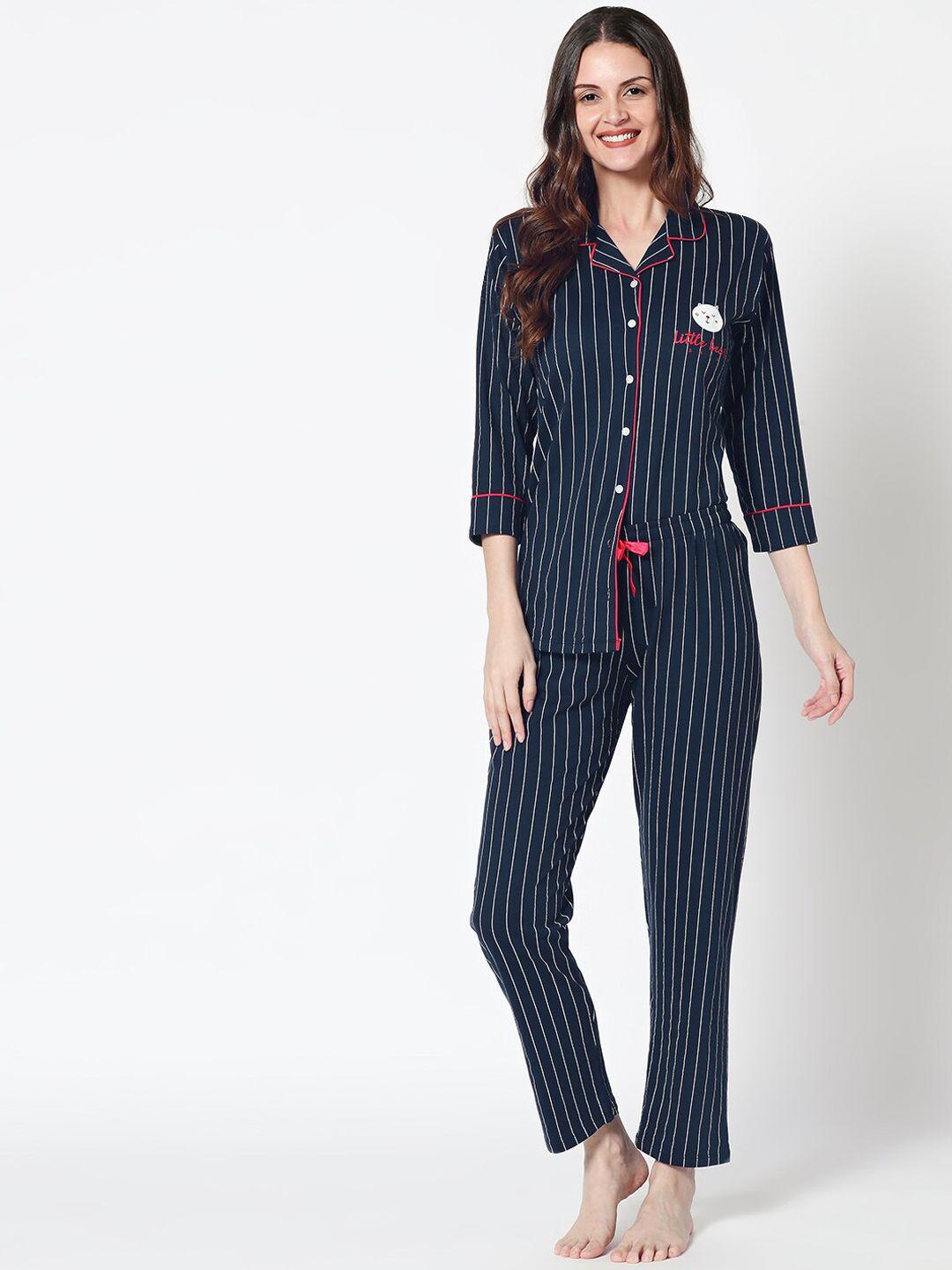 zeyo women navy blue & white striped night suit