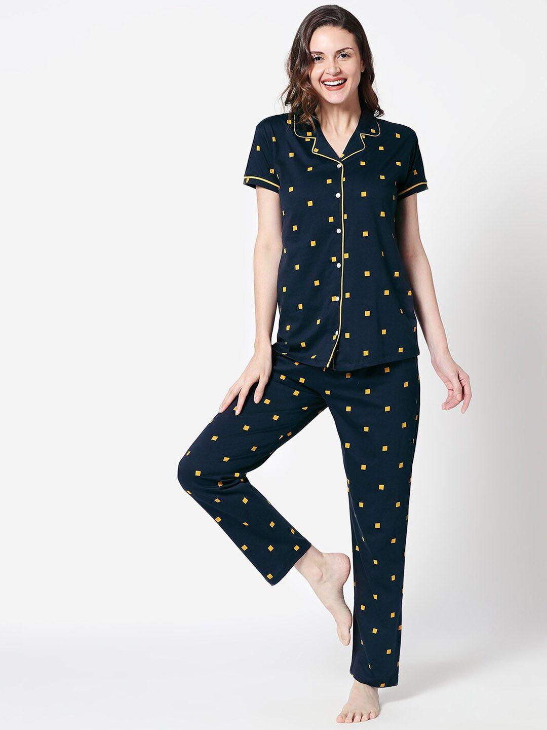 zeyo women navy blue & yellow printed night suit