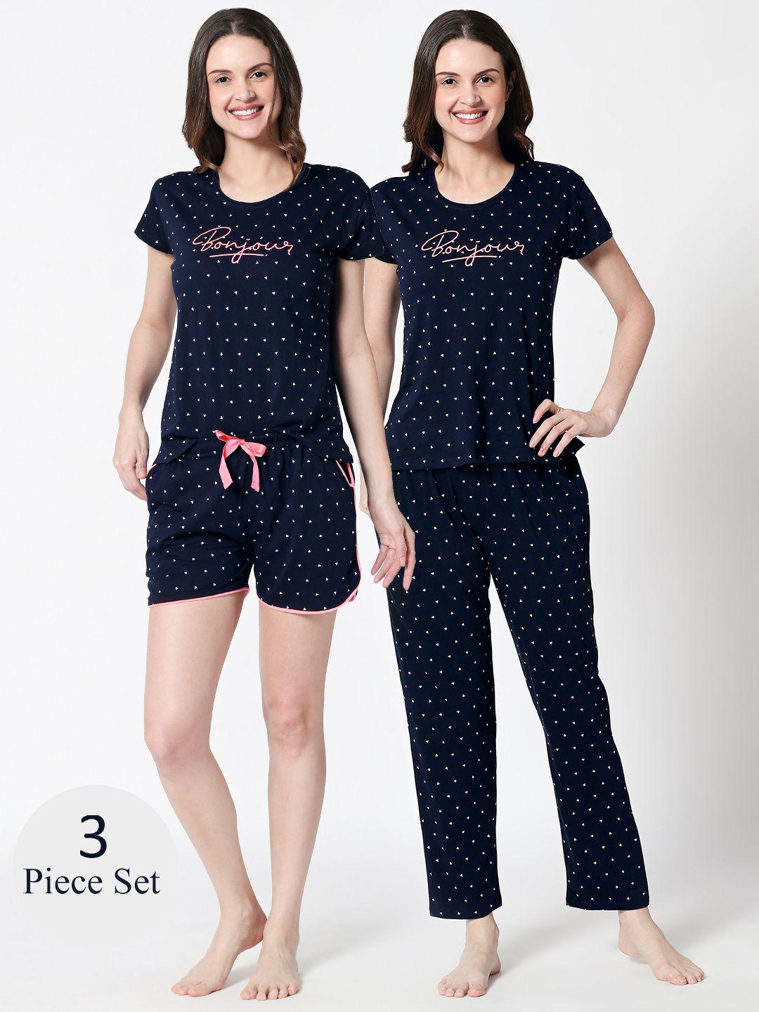 zeyo women navy blue 3 piece printed night suit