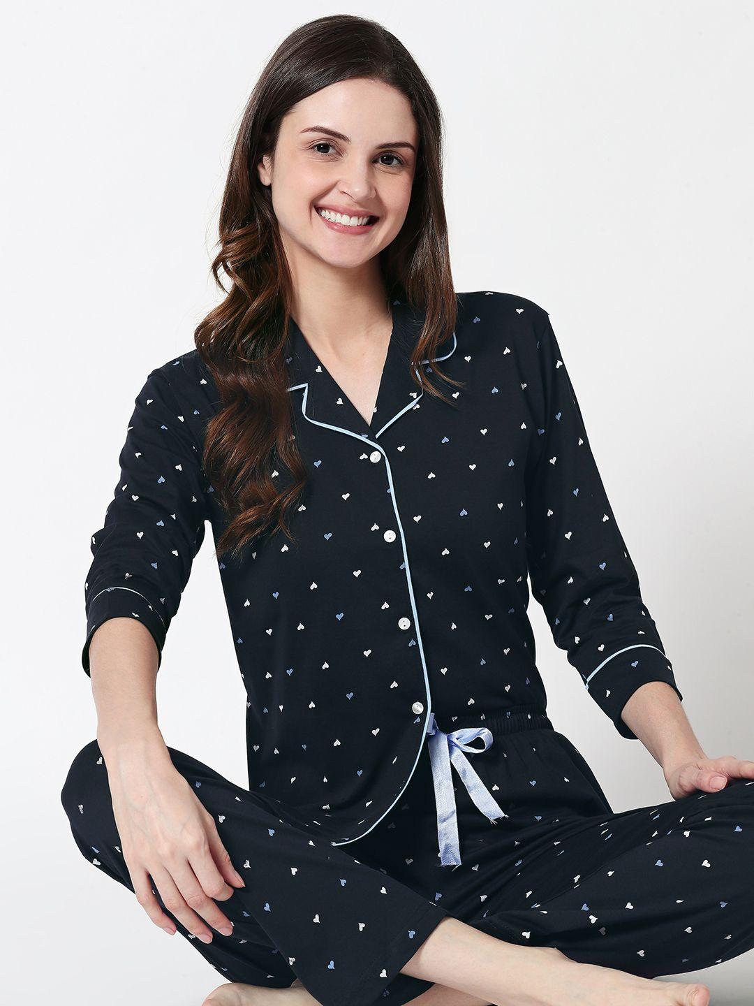 zeyo women navy blue heart printed night suit