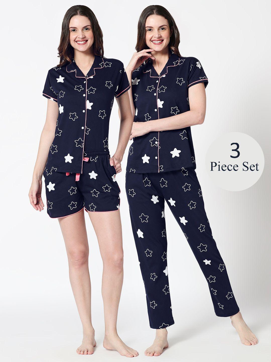 zeyo women navy blue printed 3-piece night suit