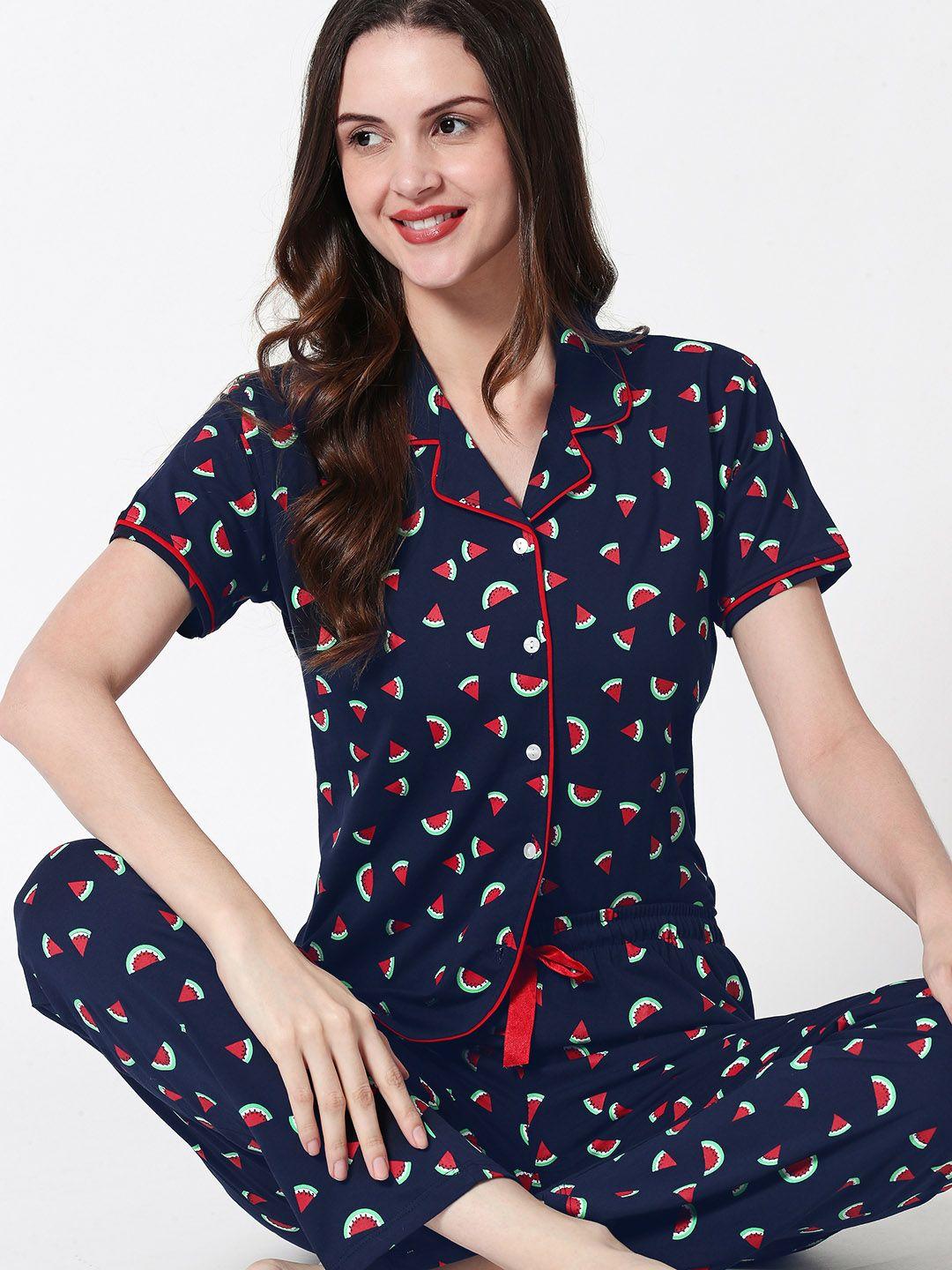 zeyo women navy blue printed night suit