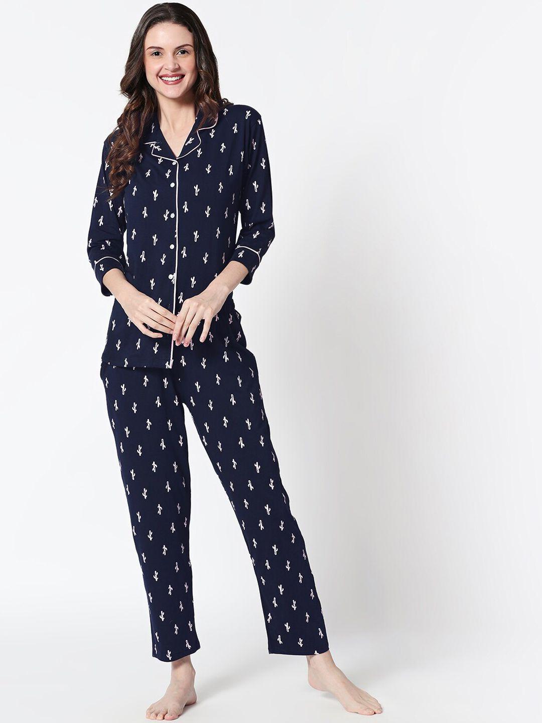 zeyo women navy blue printed night suit