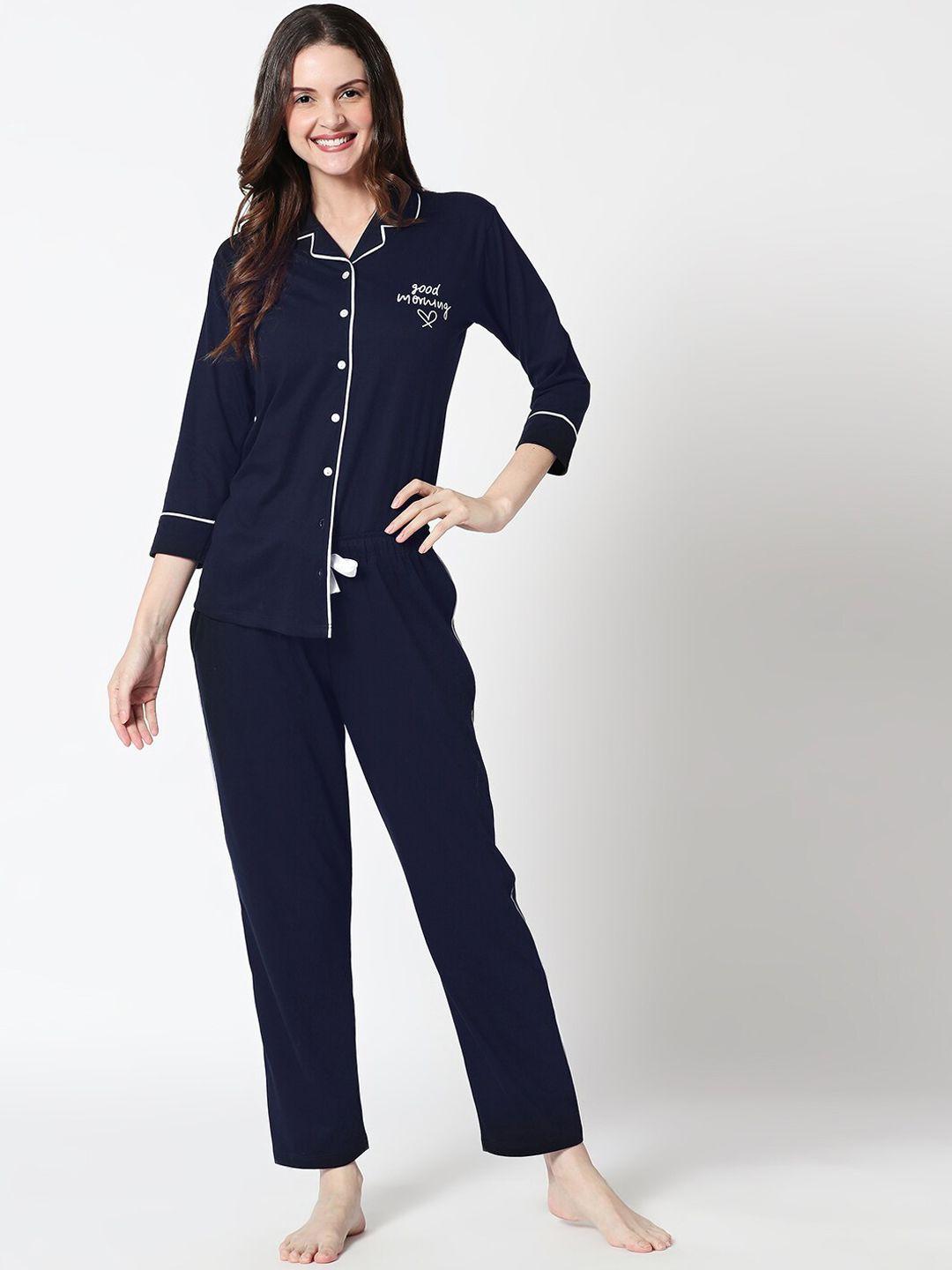 zeyo women navy blue solid night suit