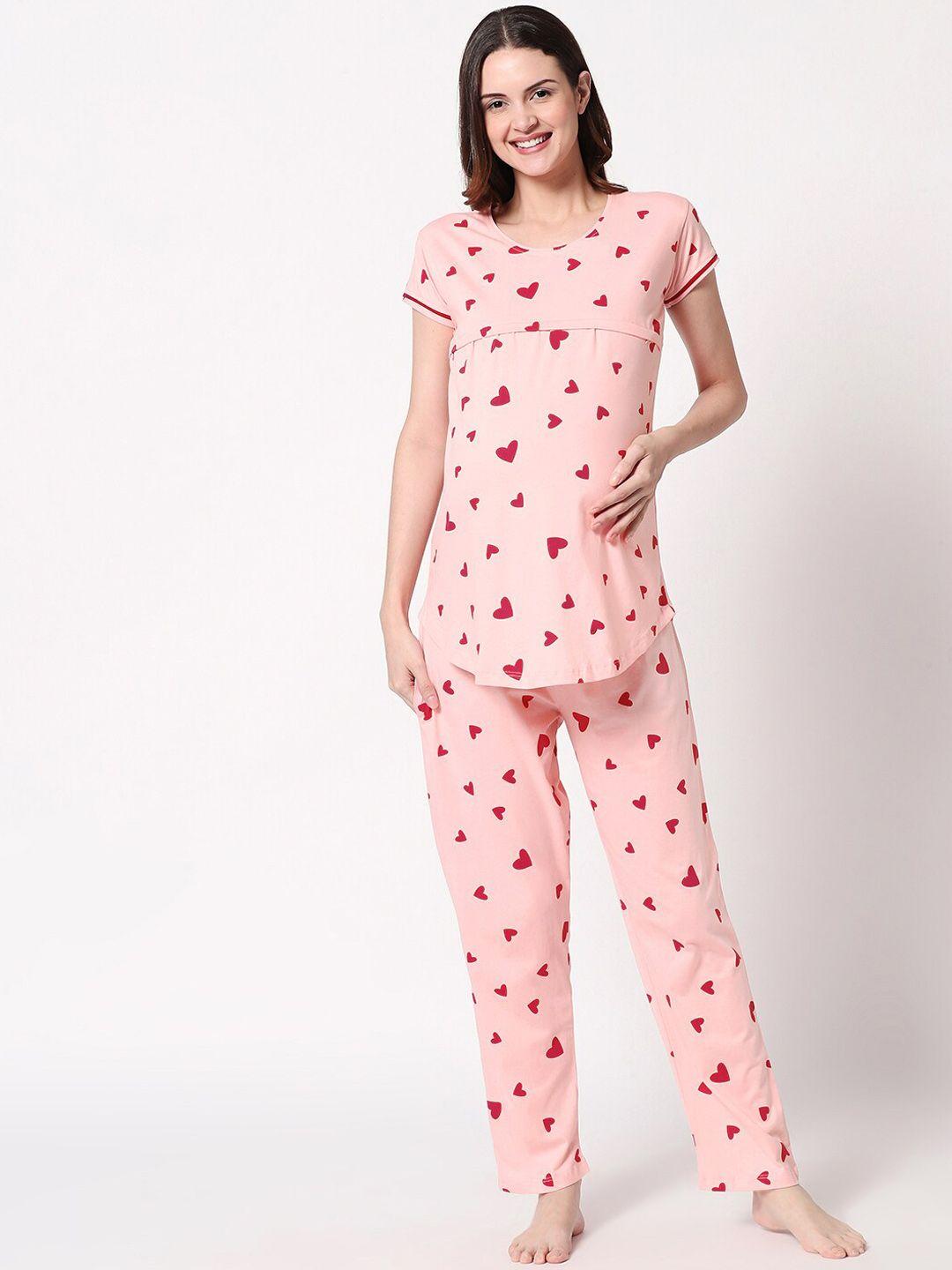 zeyo women pink & red printed maternity & feeding night suit