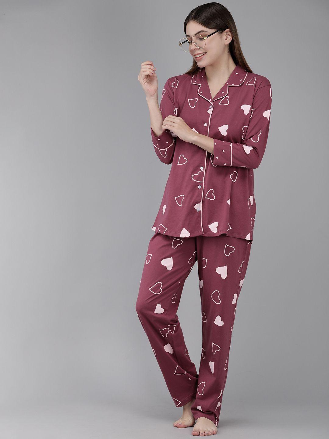 zeyo women pink printed cotton night suit