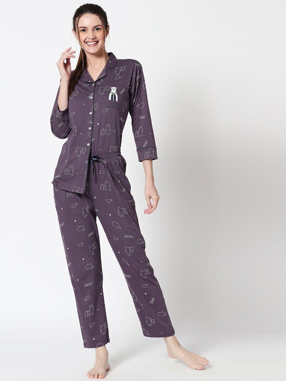 zeyo women purple & white printed night suit