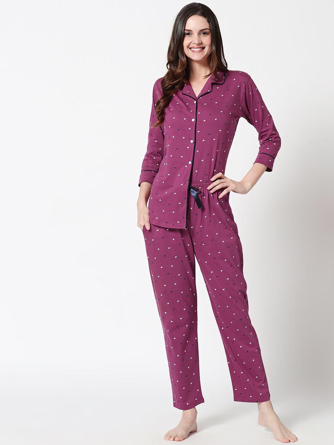 zeyo women purple & white printed pure cotton night suit