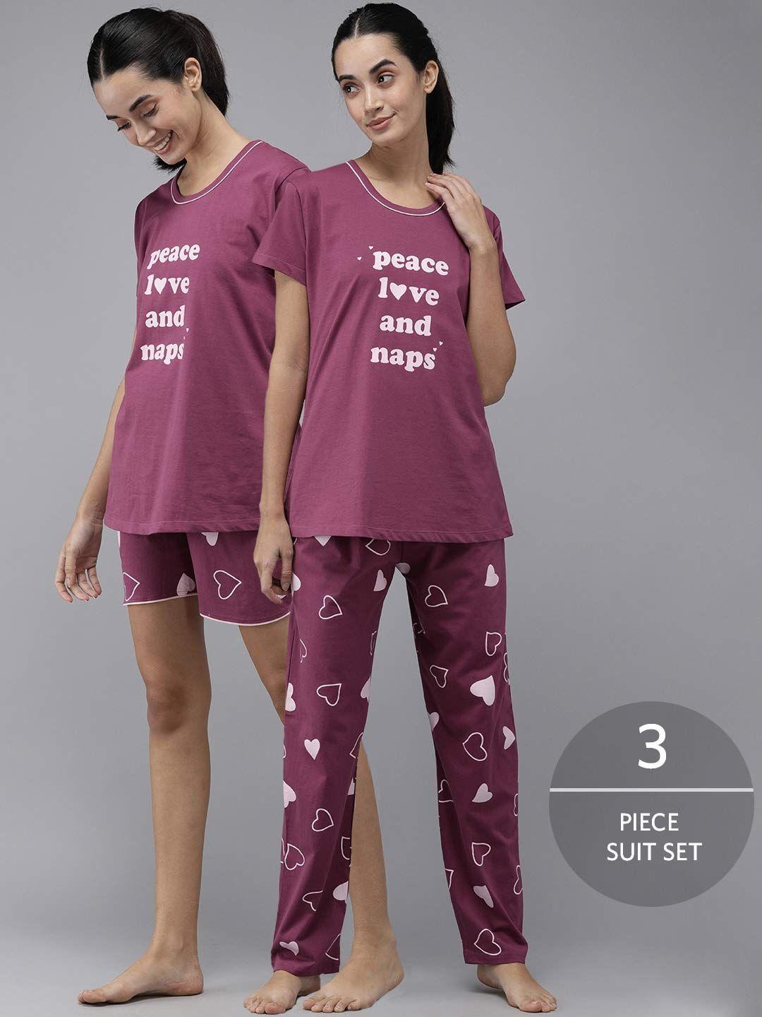 zeyo women purple & white pure cotton printed pyjama set