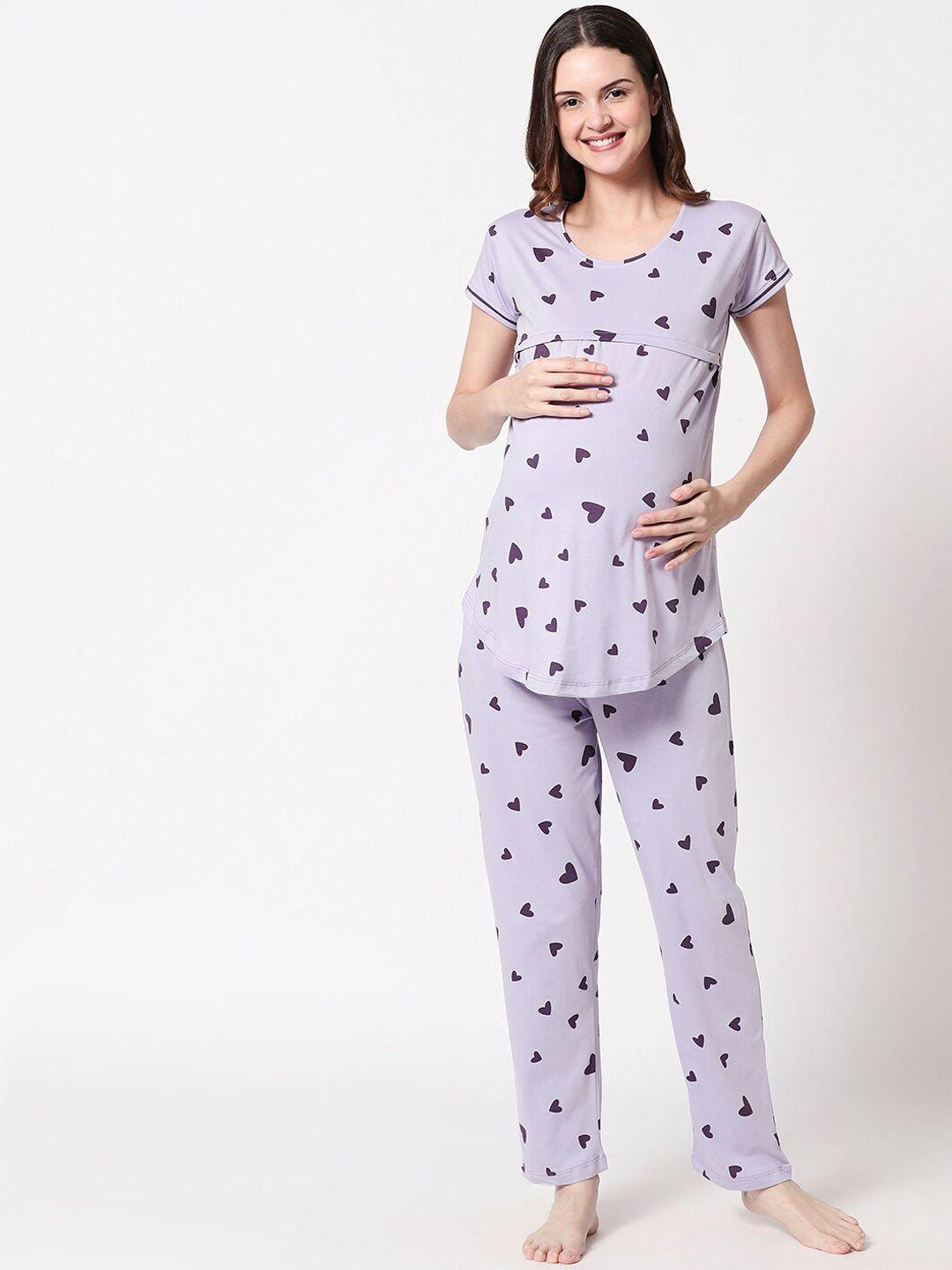 zeyo women purple printed maternity & feeding night suit