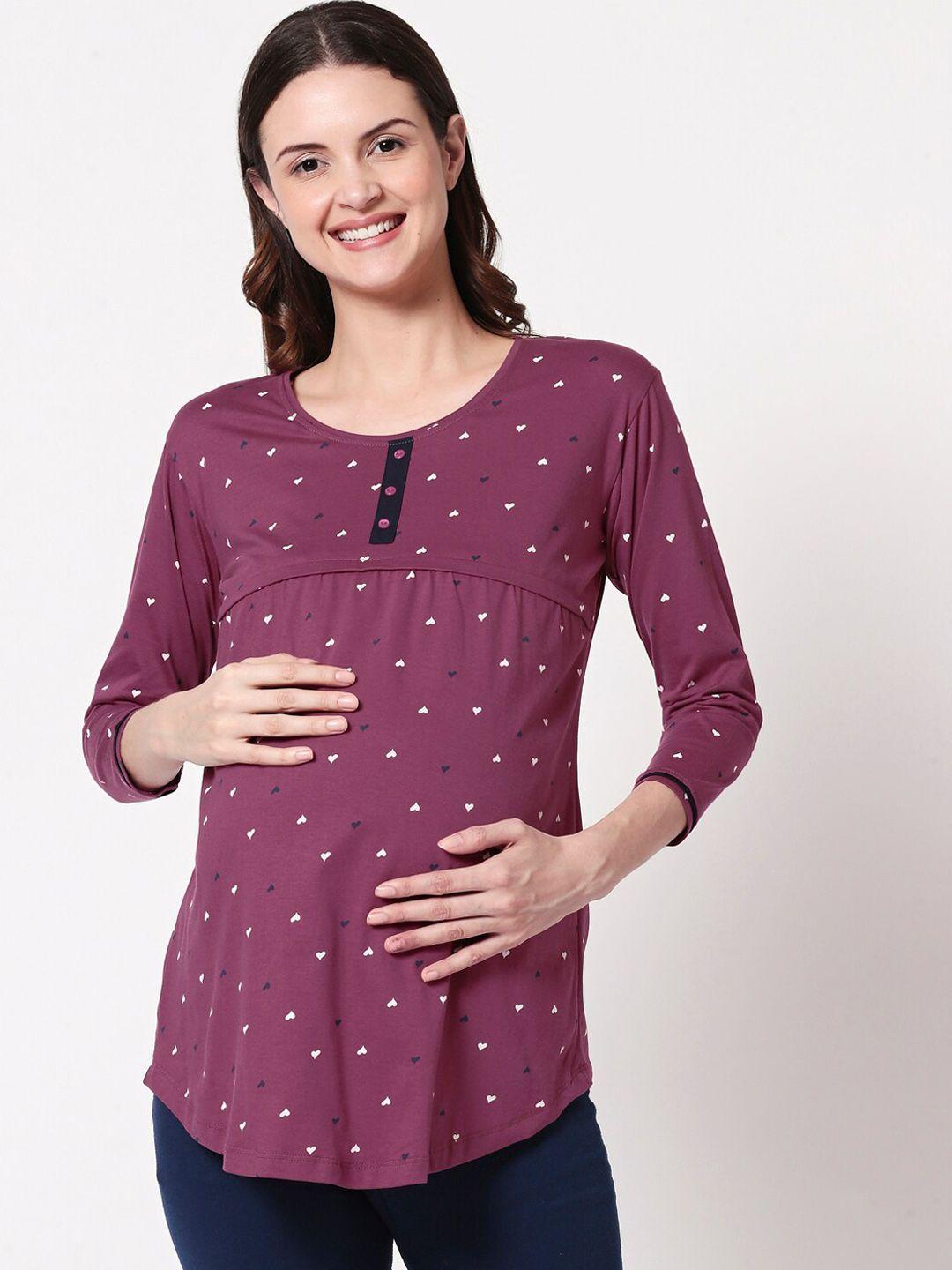 zeyo women purple printed maternity & feeding pure cotton top