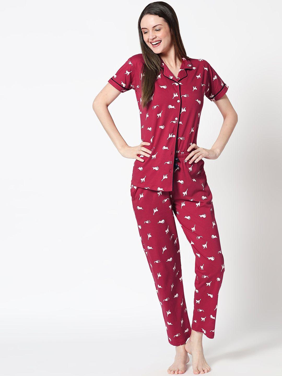 zeyo women red & white conversational printed pure cotton night suit