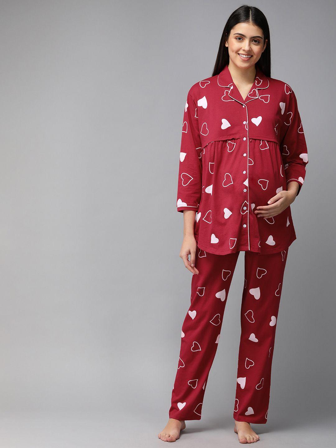 zeyo women red & white printed maternity & feeding pyjama set