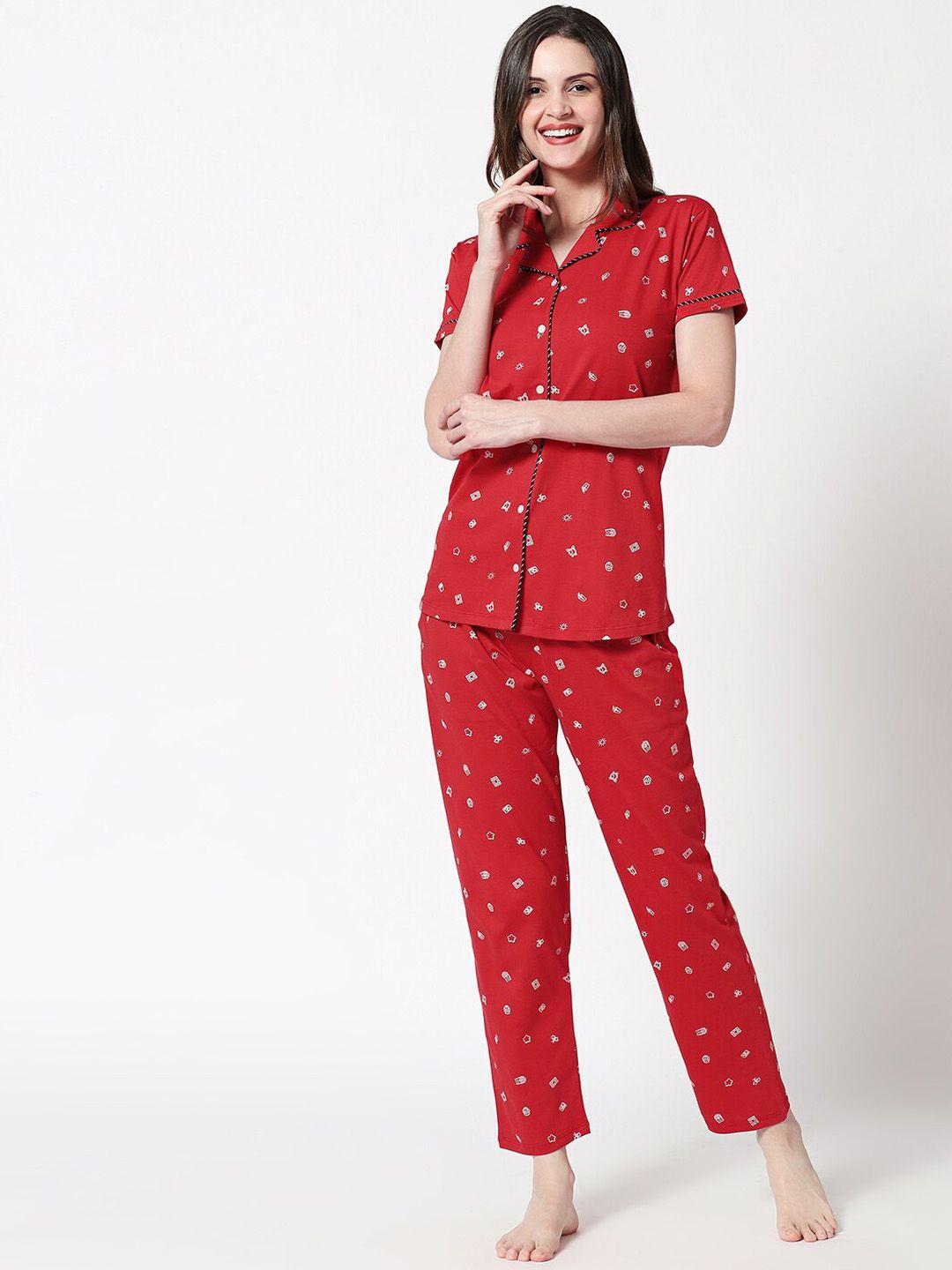 zeyo women red & white printed night suit