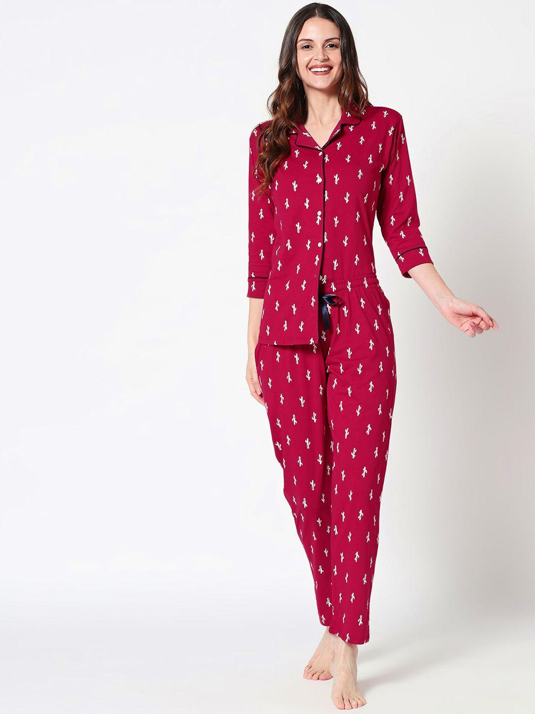 zeyo women red & white printed pure cotton night suit