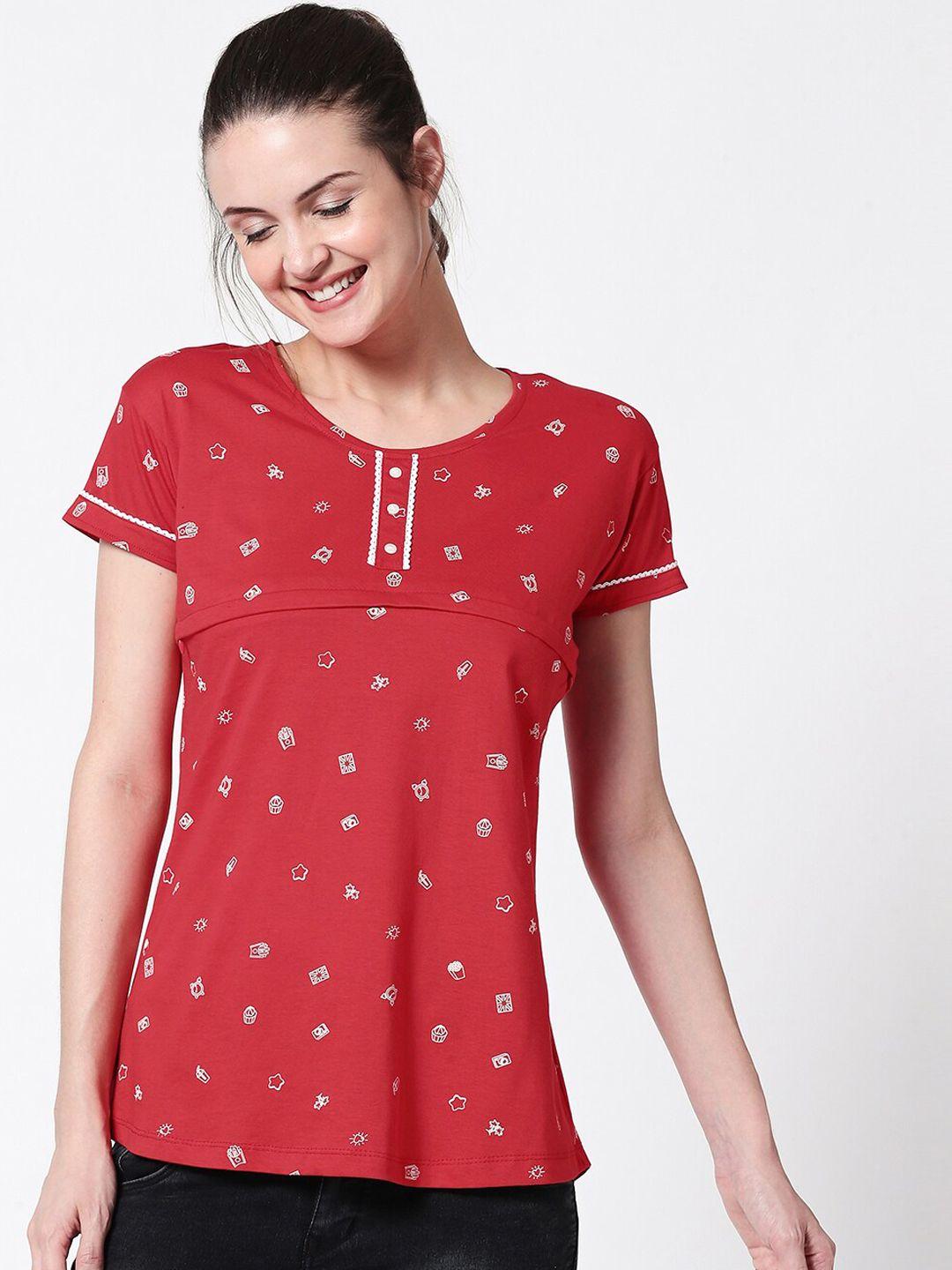 zeyo women red printed nursing & feeding pure cotton top