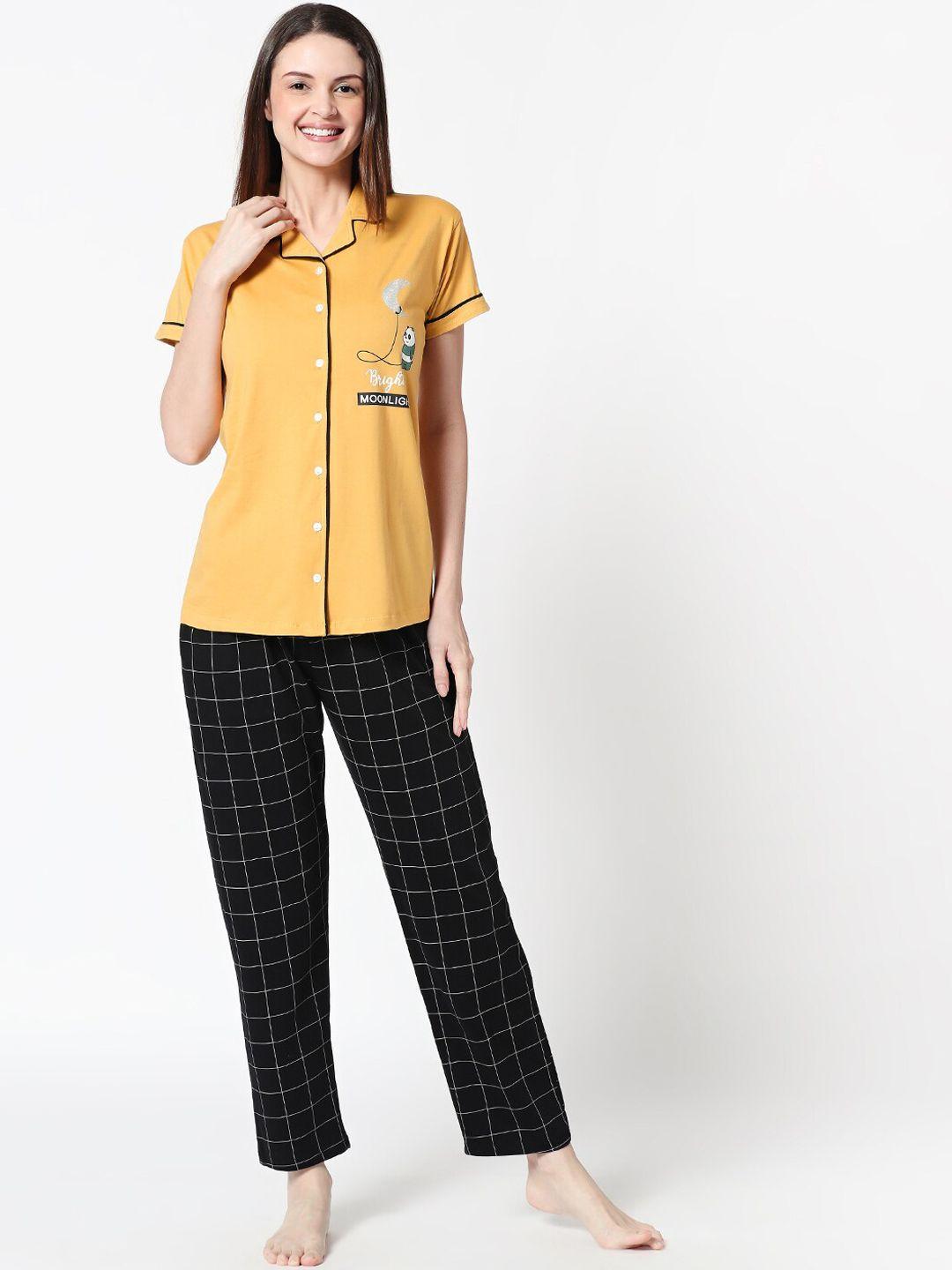 zeyo women yellow & black printed night suit