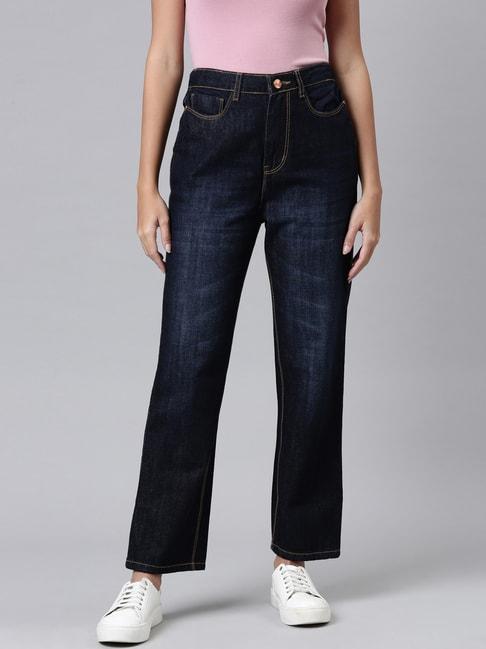 zheia blue cotton straight fit mid rise jeans