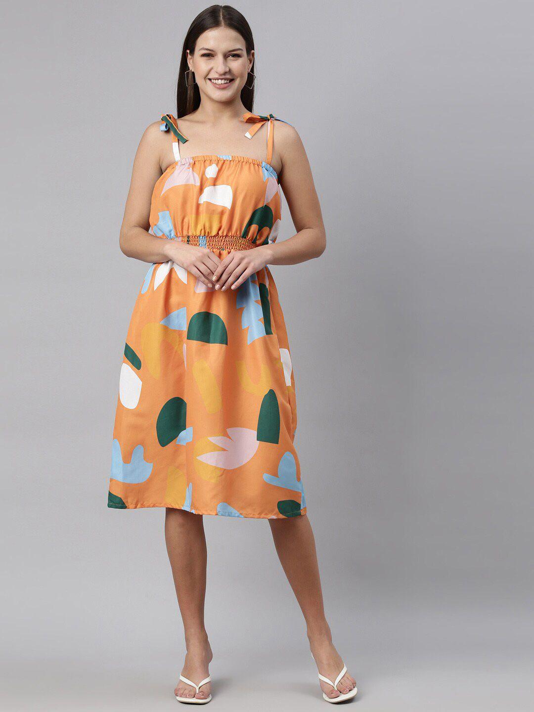 zheia orange & blue abstract printed fit & flare dress