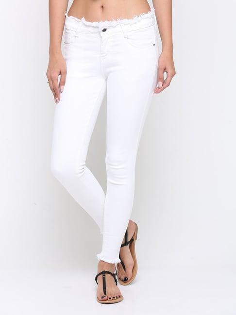 zheia white cotton skinny fit mid rise jeans