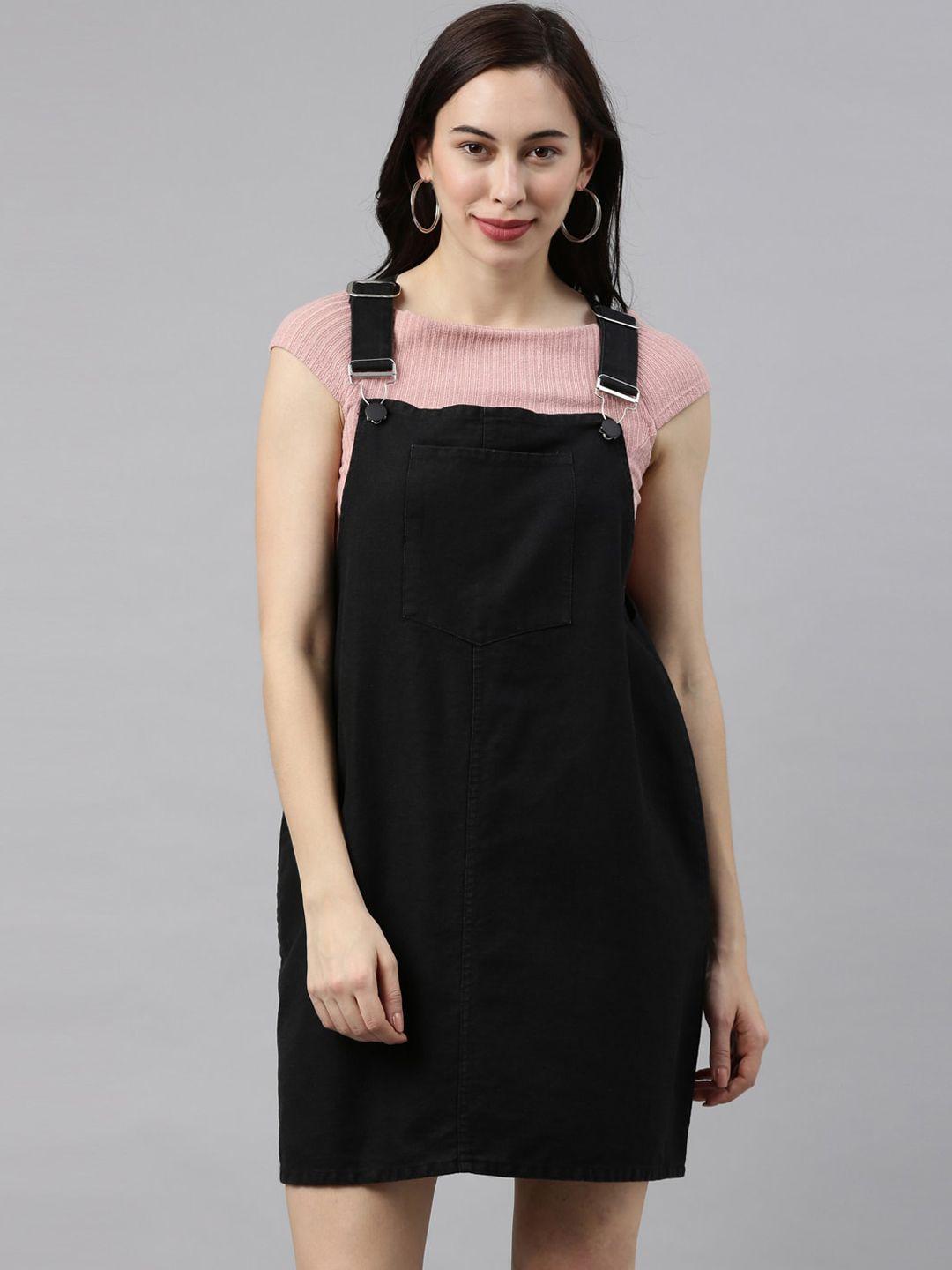 zheia women black solid cotton denim pinafore dress