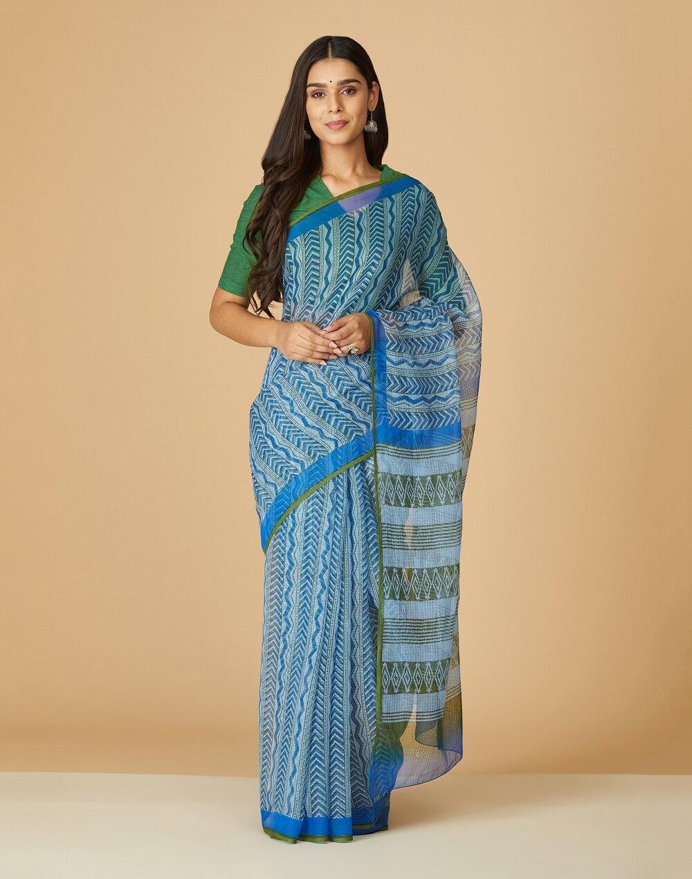 zig zag striped hand block printed cotton silk sari