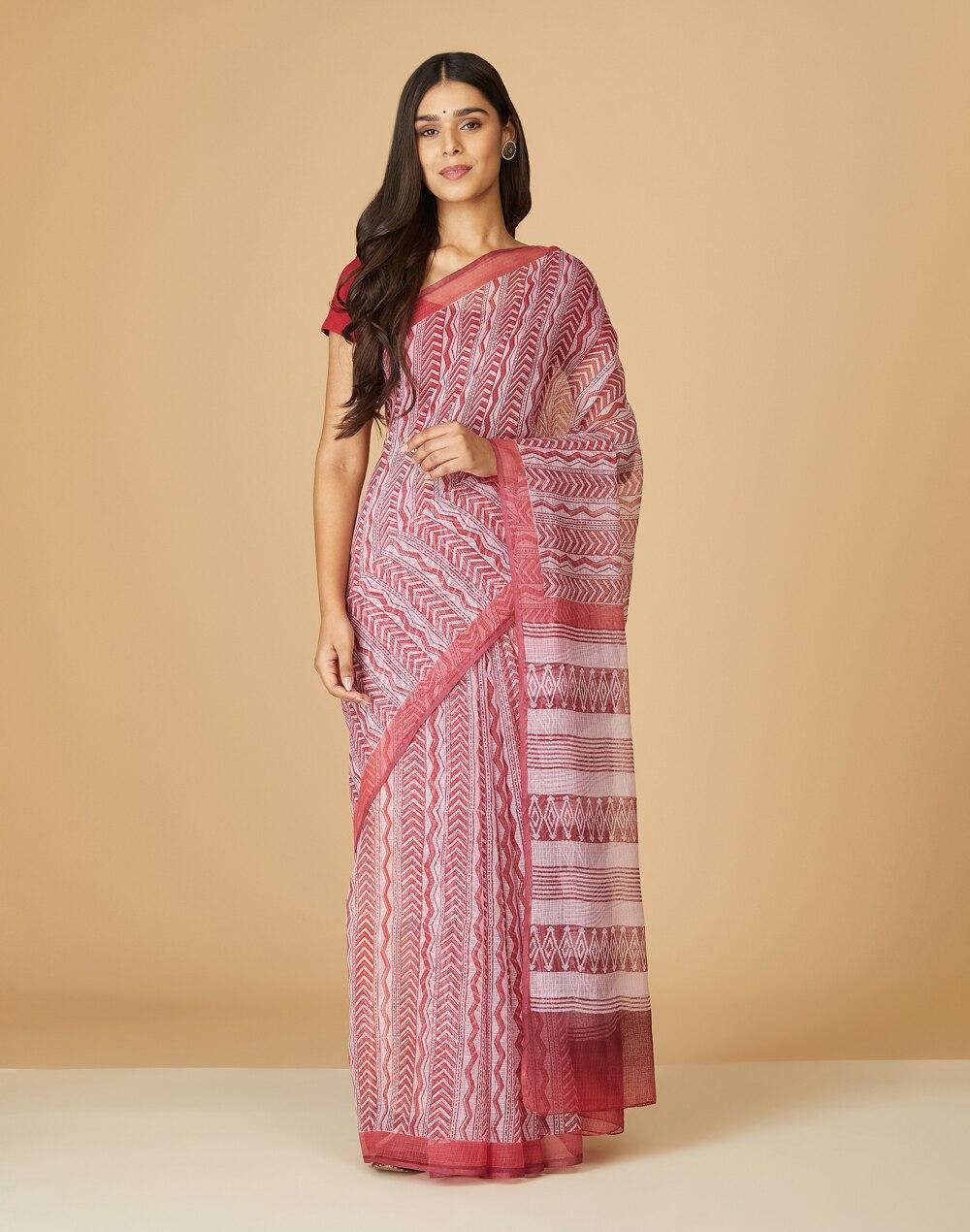 zig zag striped hand block printed cotton silk sari