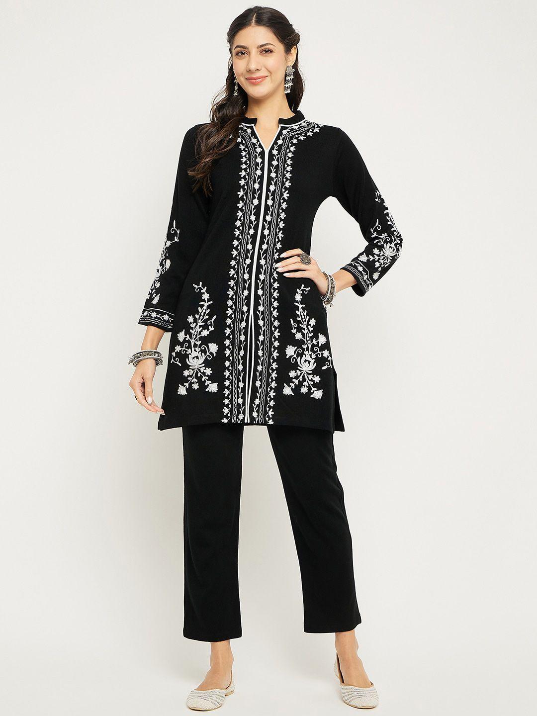 zigo floral embroidered acrylic straight kurta with trousers