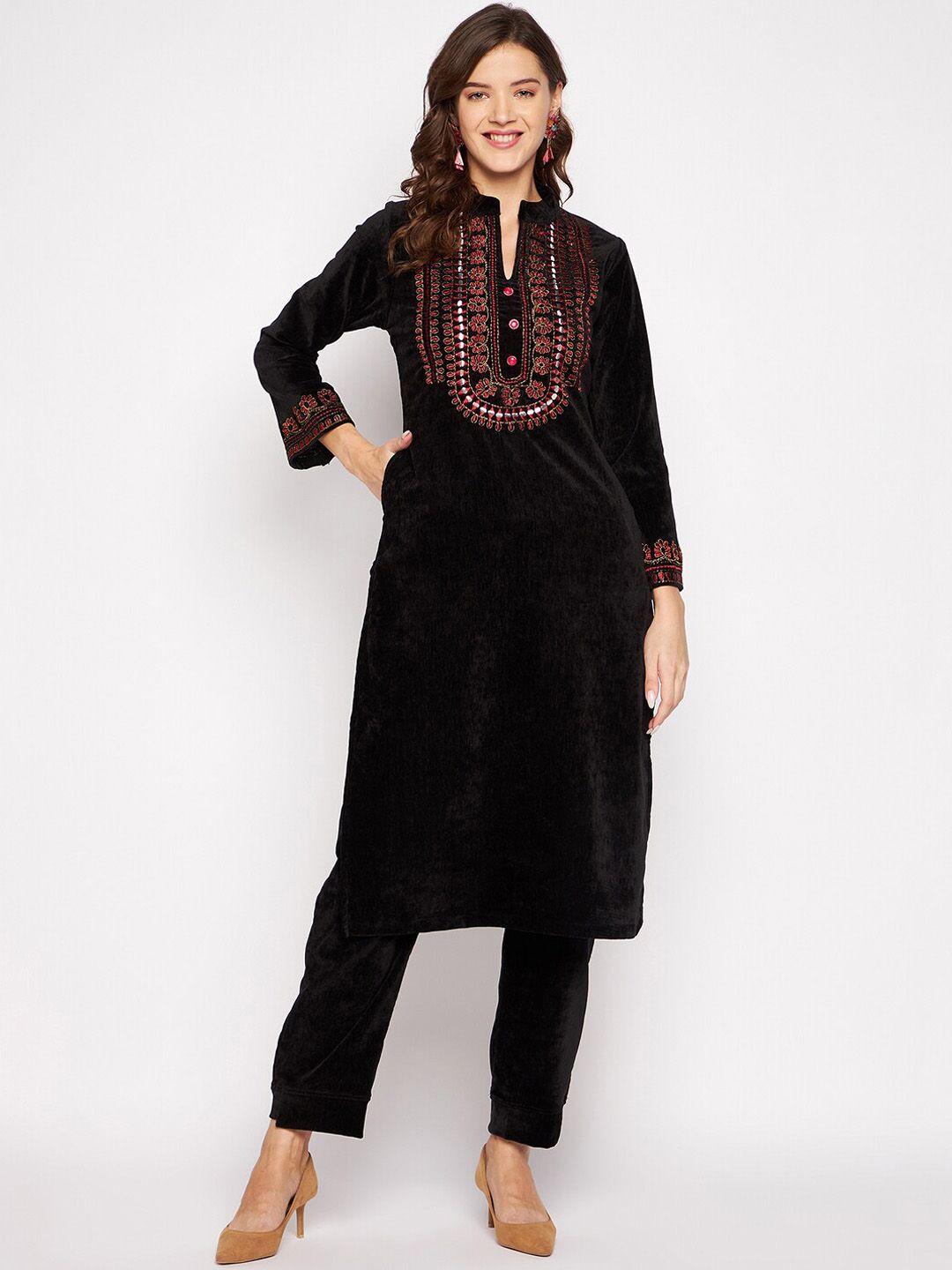 zigo women black floral embroidered thread work velvet kurta with trousers