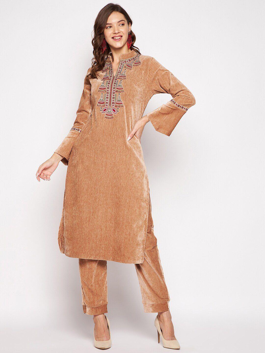 zigo women camel brown ethnic motifs embroidered velvet kurta with trouser