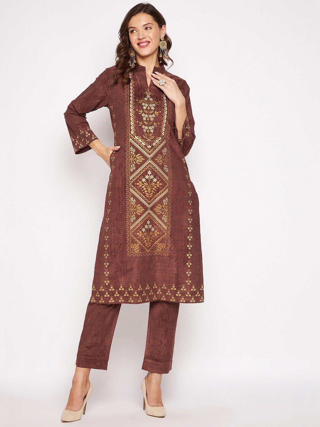 zigo women coffee brown & gold ethnic motifs embroidered velvet kurta with trouser