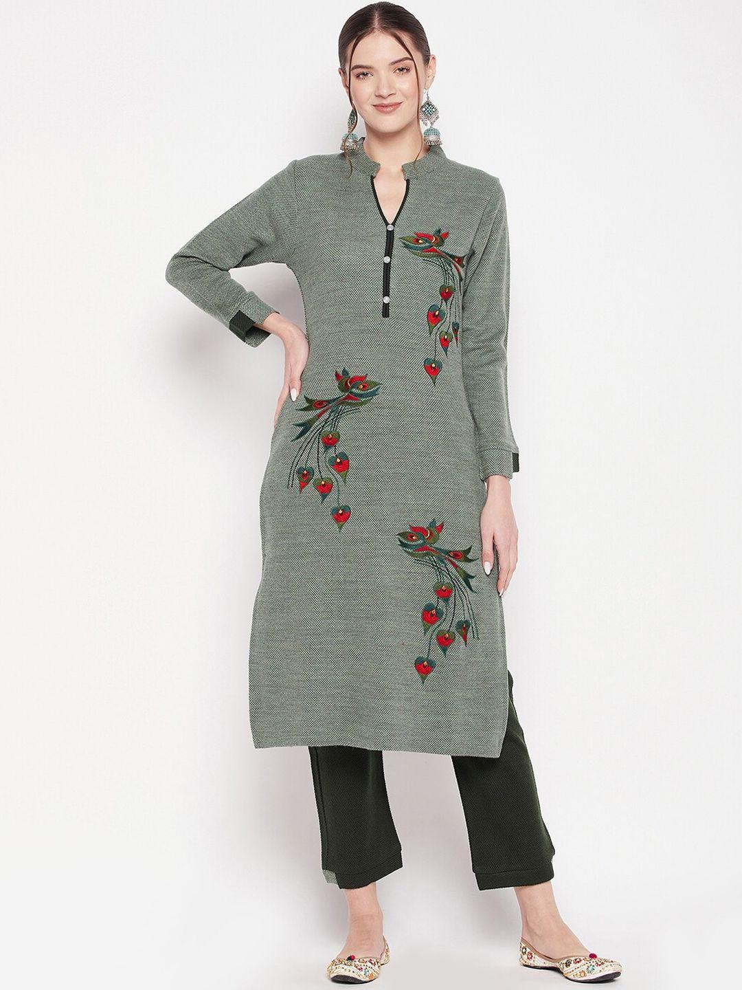 zigo women floral embroidered pure wool kurta with trousers