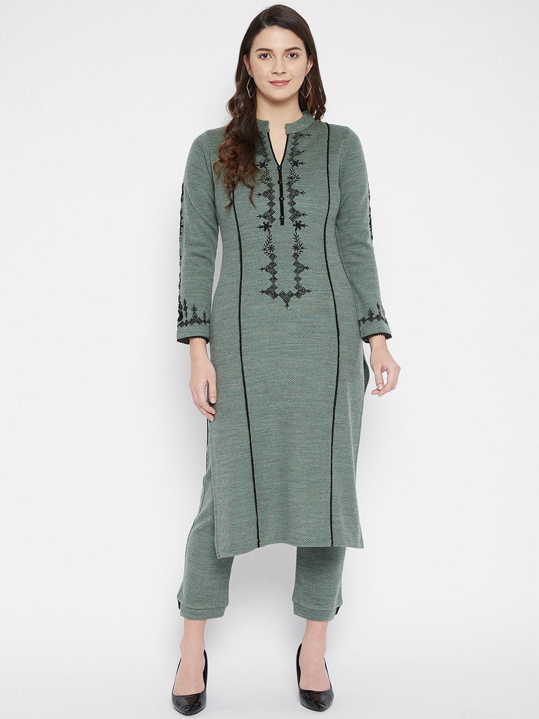 zigo women green ethnic motifs embroidered panelled winter kurta with trousers