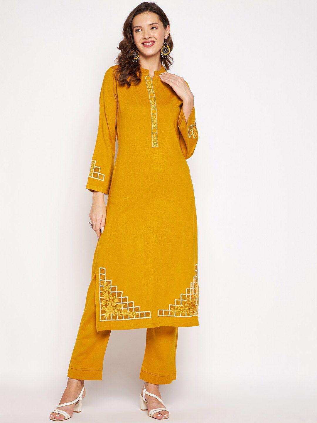 zigo women mustard yellow floral embroidered thread work kurta with trousers