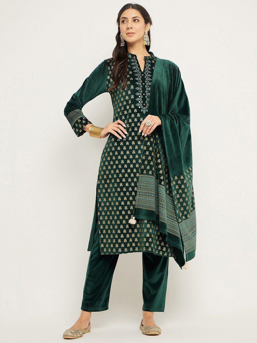 zigo ethnic motifs printed mirror work velvet straight kurta & trousers with dupatta