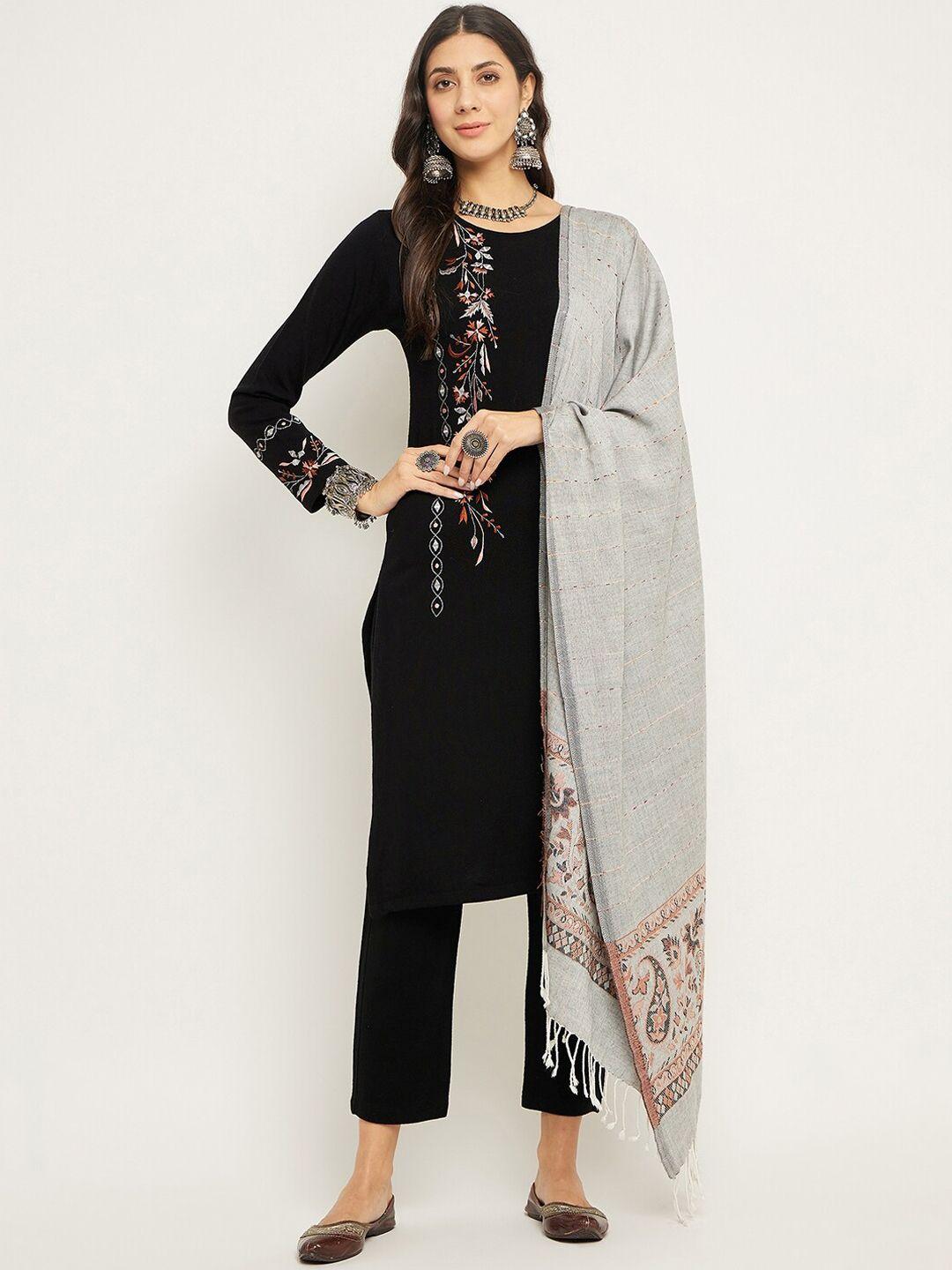 zigo floral embroidered acrylic straight kurta with trousers & dupatta