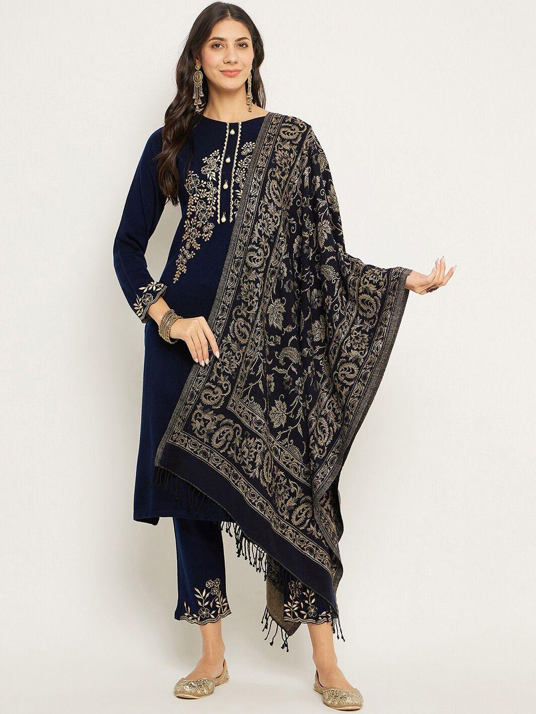 zigo floral embroidered thread work detail straight kurta & trousers with dupatta