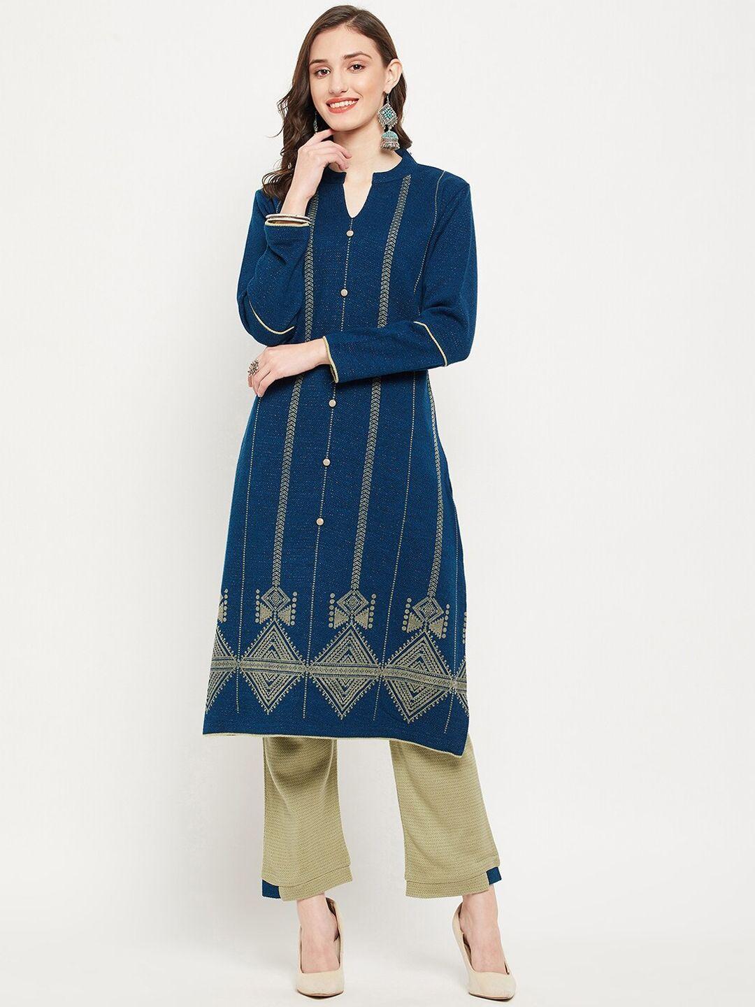 zigo winter ethnic motifs printed thread work kurta with trousers