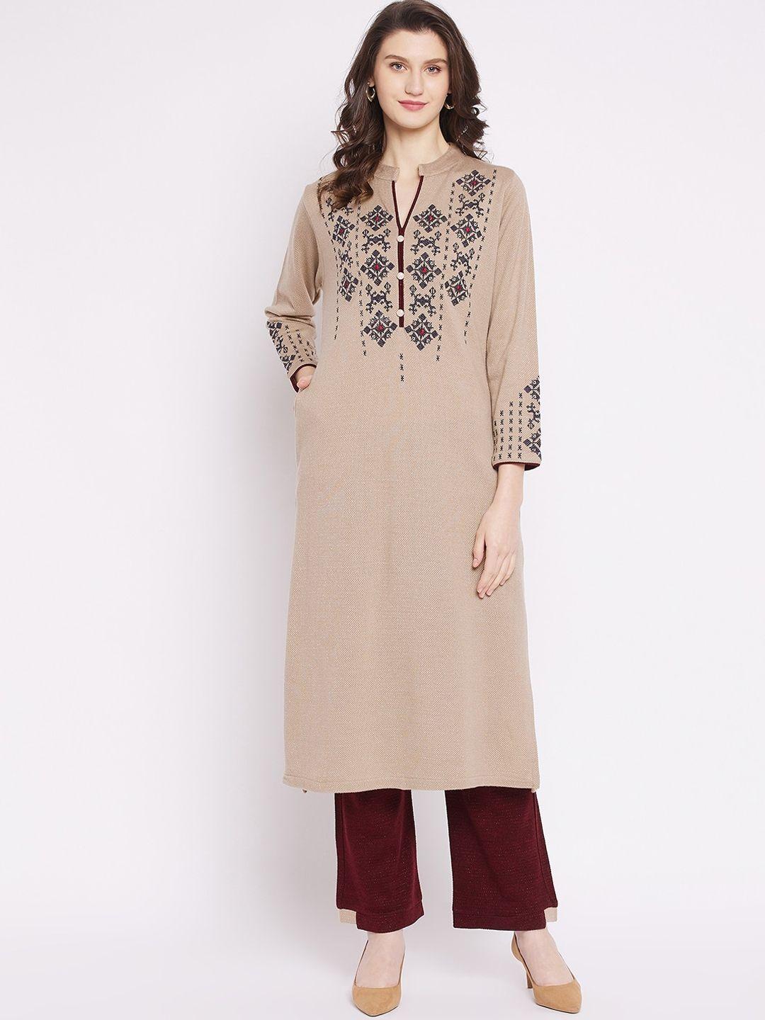 zigo women beige & maroon yoke embroidered kurta with palazzos