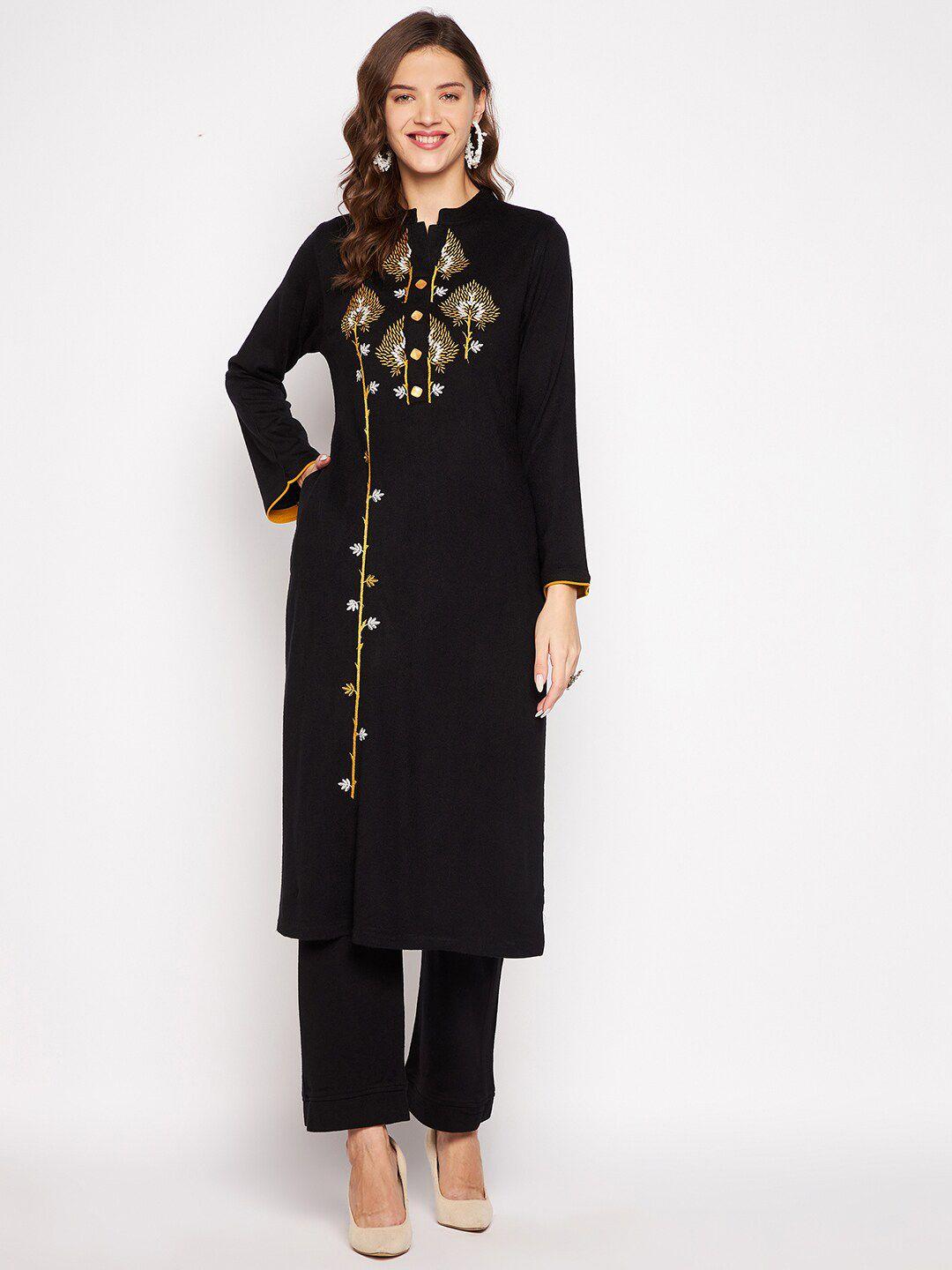 zigo women black floral embroidered thread work kurta with trousers