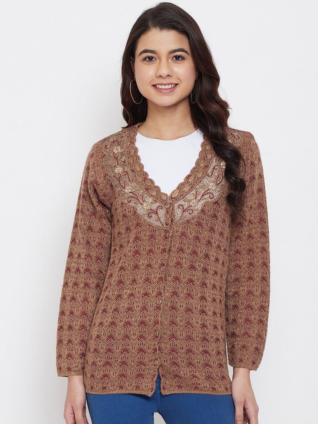 zigo women brown & maroon self-design cardigan sweater