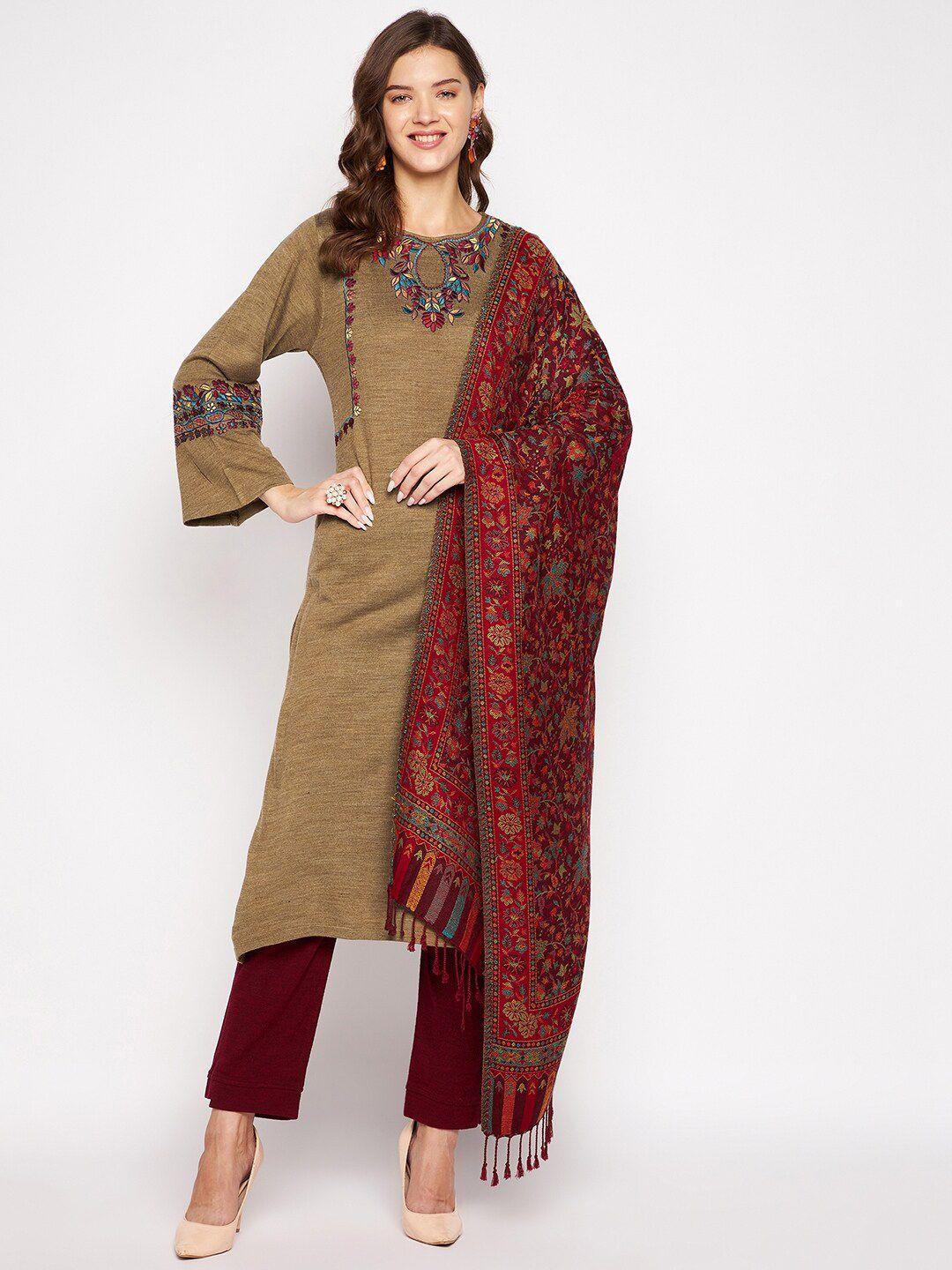 zigo women brown floral embroidered thread work kurta with trousers & dupatta