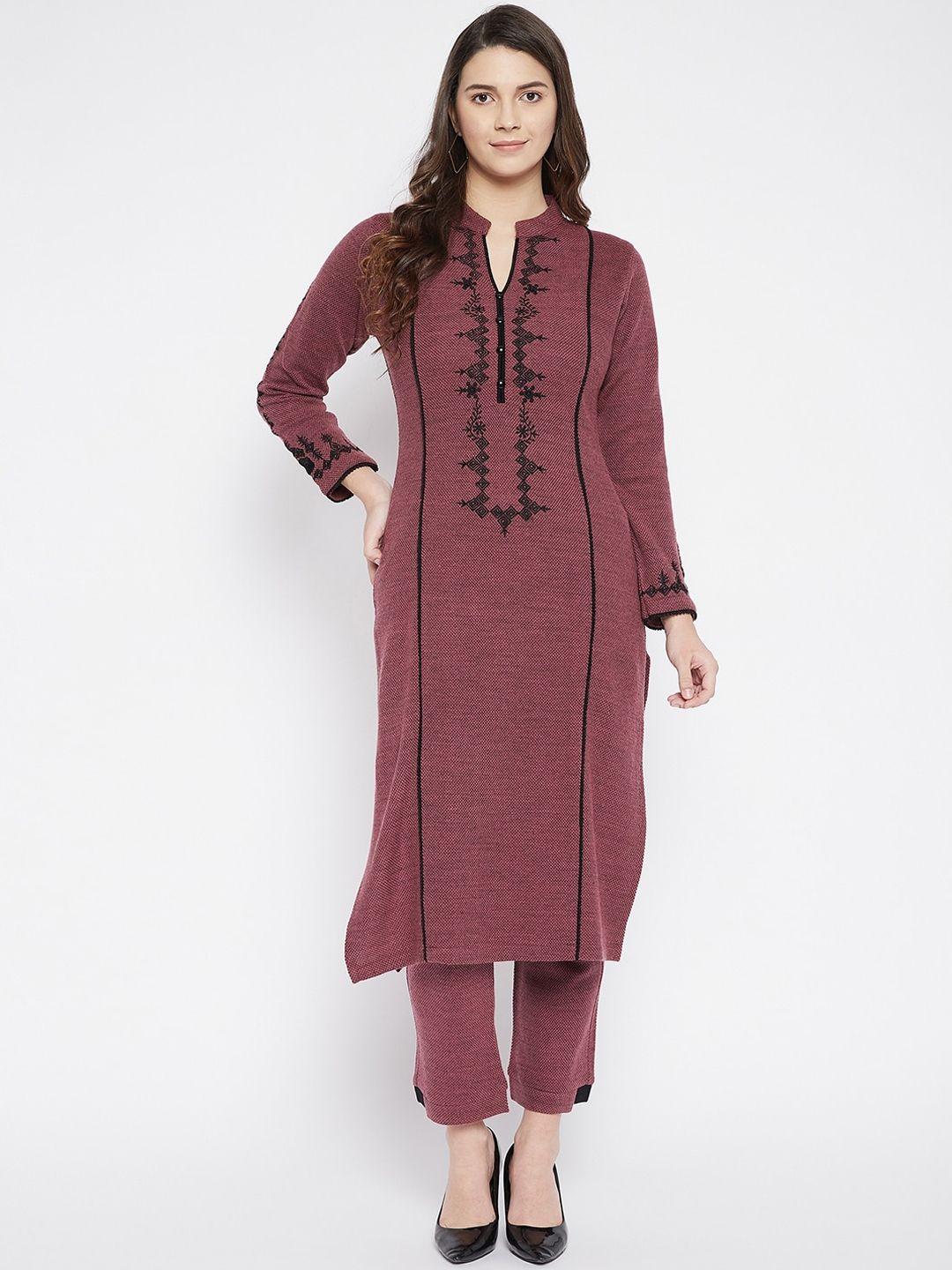 zigo women burgundy ethnic motifs embroidered winter kurta with trousers