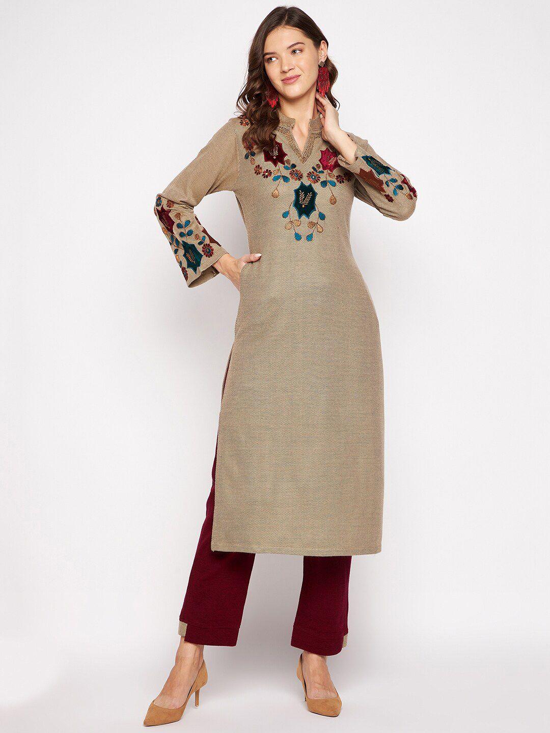 zigo women camel brown & maroon embroidered thread work kurta with trouser
