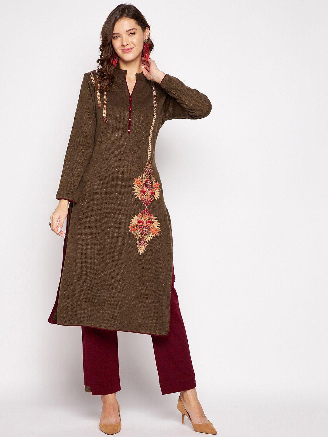 zigo women camel brown & maroon floral embroidered kurta with trouser