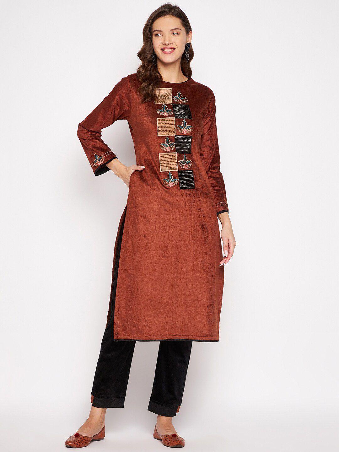 zigo women coffee brown & black embroidered velvet kurta with trouser